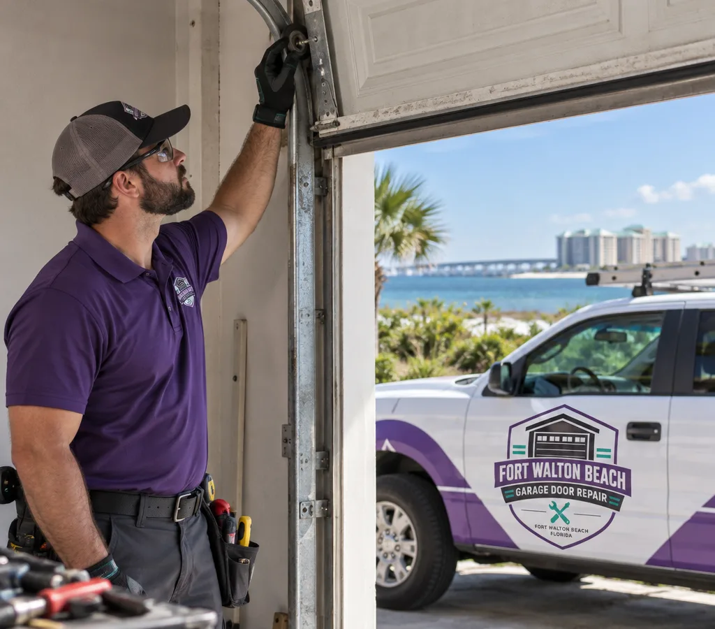 Contractor inspecting a residential garage door bottom seal and track in a Fort Walton Beach driveway
