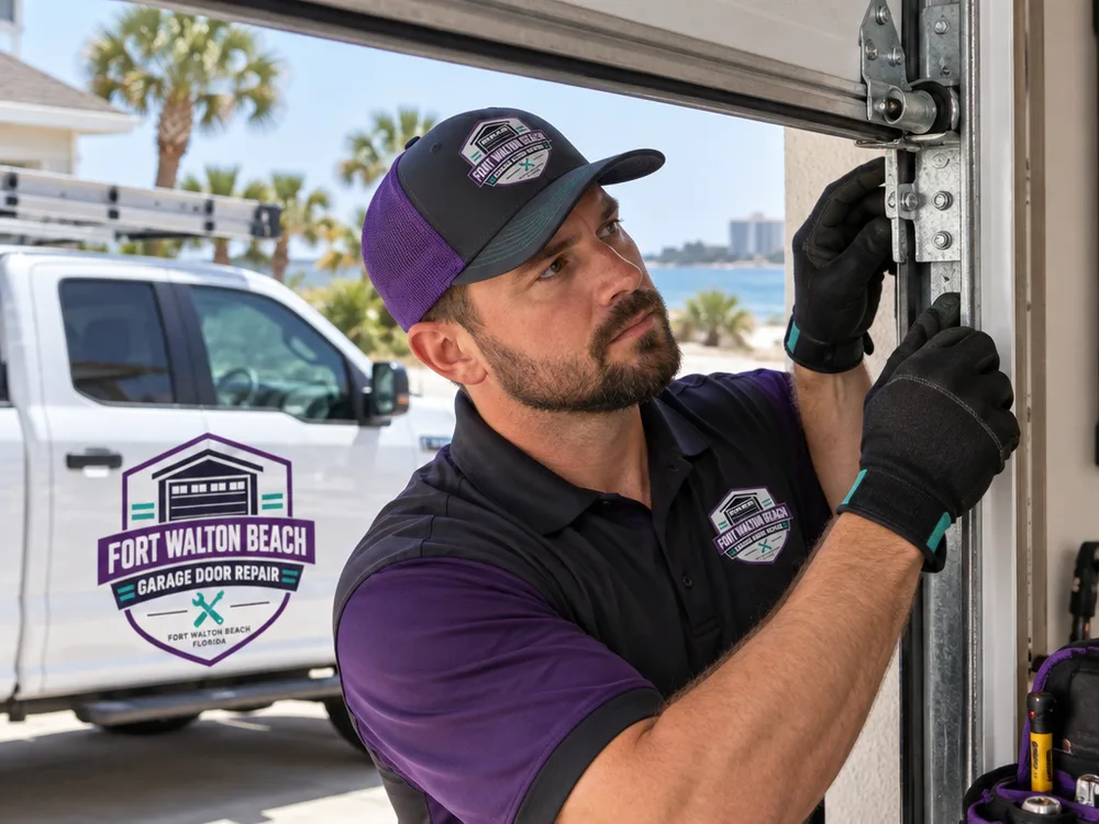 Contractor testing garage door balance with the opener disengaged