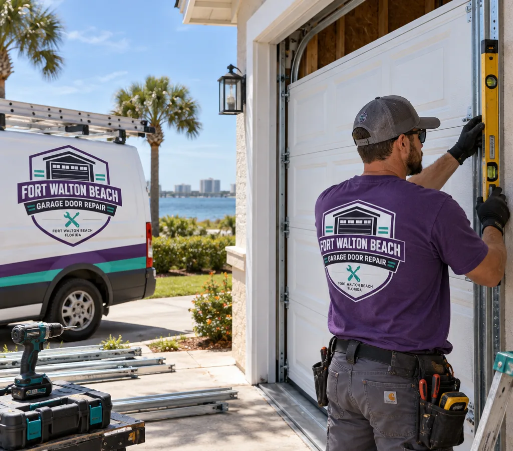 Installer aligning a modern sectional garage door at a Florida home