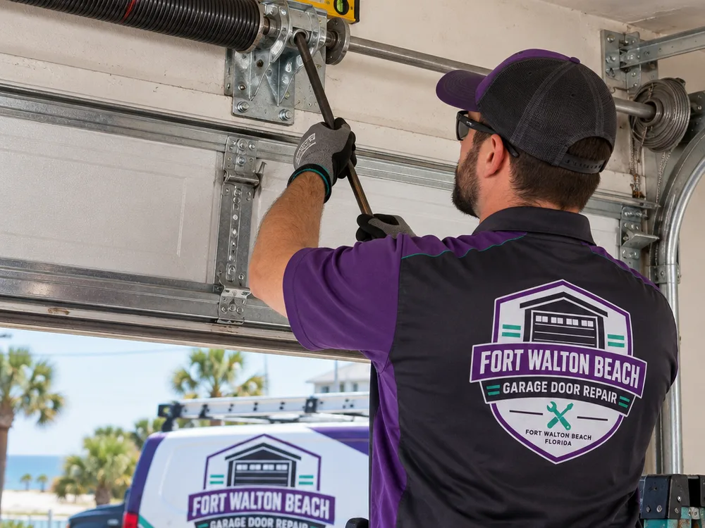 Installer setting a new garage door's vertical track plumb with a level