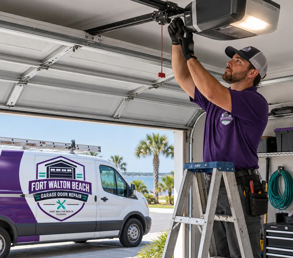 Contractor diagnosing a residential garage door opener from a ladder in an open garage