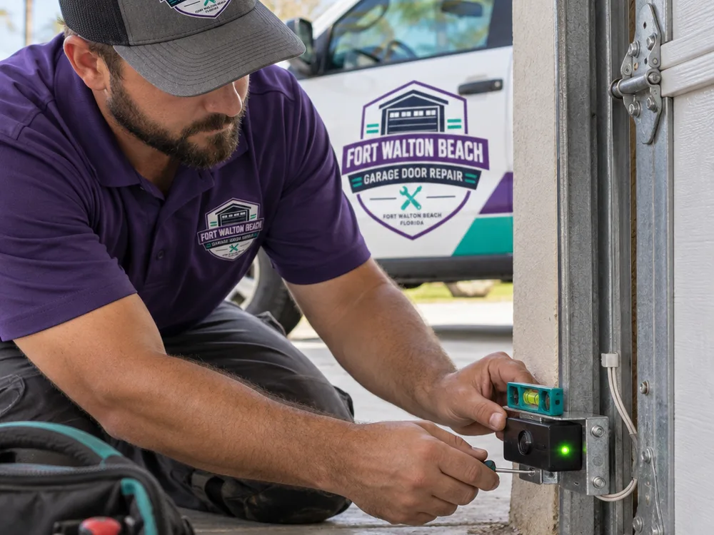 Contractor aligning garage door photo-eye safety sensors and checking their indicator lights