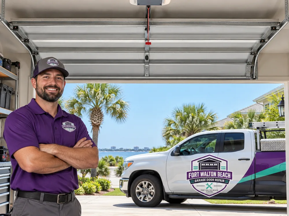 Residential garage door operating smoothly after opener repair with aligned safety sensors