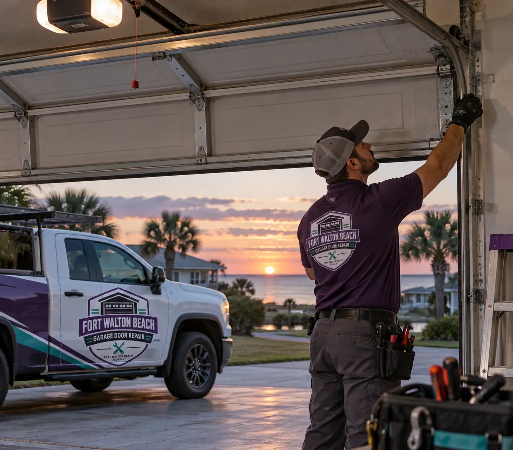 Residential garage door partially open at dusk with a bent track and the opener light on