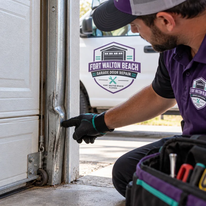 Garage door roller outside the track lip with scuff marks on the track edge