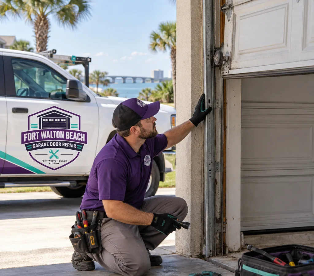 Residential sectional garage door hanging crooked with rollers near the track
