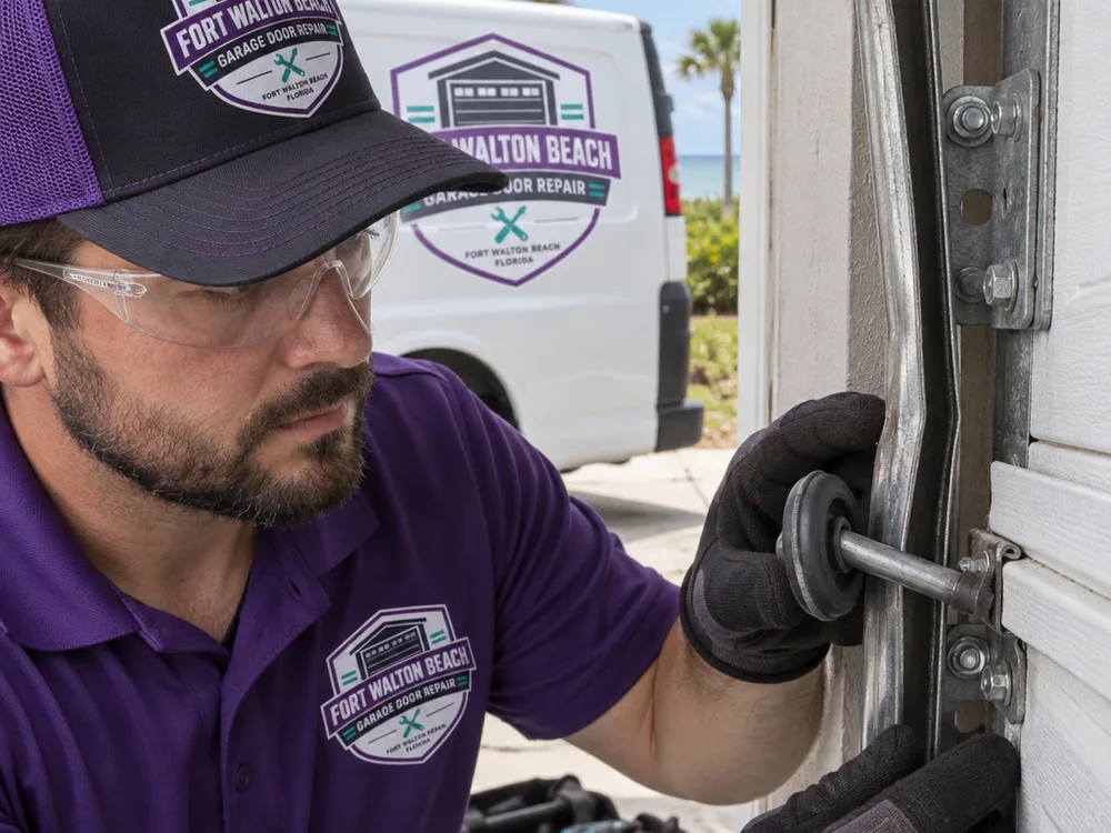 Contractor inspecting a garage door roller outside the vertical track